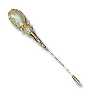 Vintage Pearl and Crystal Stick Pin Brooch Lapel Pin Hat Pin Coat Pin